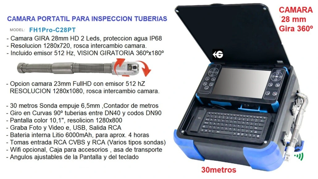 MINI camara inspeccion tuberias 28mm gira 360º x30metros GimateG
