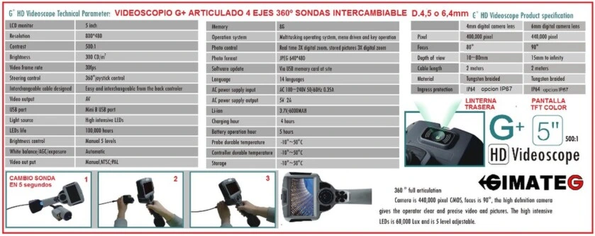 aracteristicas videoscopio gira 4 ejes sonda cambiable G+Gimateg